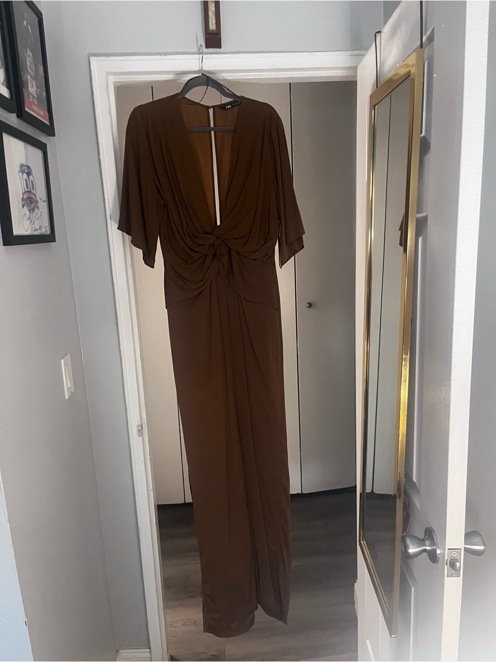 ZARA BRAND NEW Metallic Brown Knotted Front Satin Jumpsuit Open Back - Women